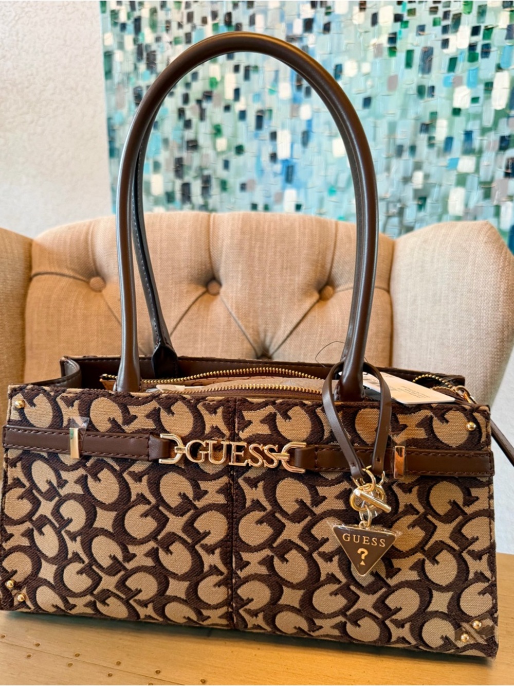 GUESS Brown Logo Jacquard Satchel with Gold Accents